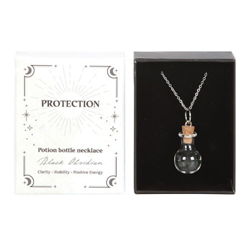 Ketting - Protection Black Obsidianb crystal chip Potion Bottle