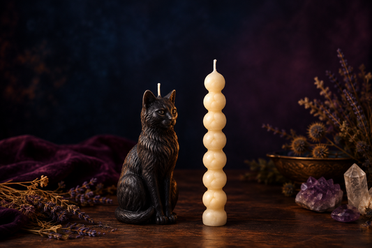 Figuurkaars Kat en 7 knopenkaars in warm kaarslicht