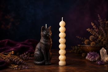 Figuurkaars Kat en 7 knopenkaars in warm kaarslicht