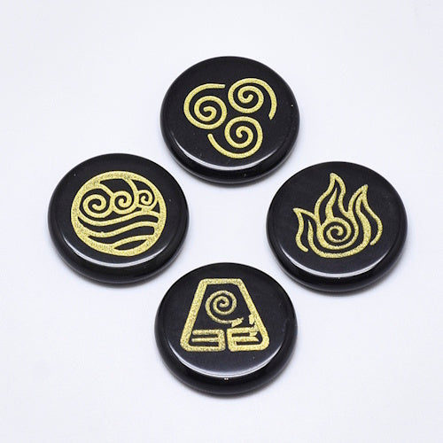 Zwarte Obsidiaan edelstenen set met 4 elementen symbolen